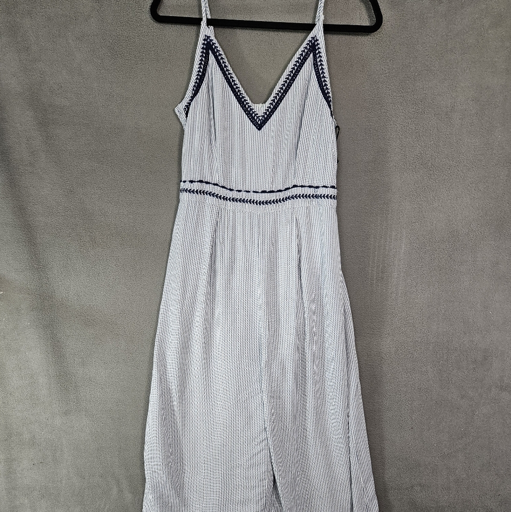 Japna Womens Large Jumpsuit Vneck Sleeveless Blue Pinstripe Wide Leg Fairy Flowy